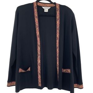 Exclusively Misook M Black Acrylic Knit Cardigan Sweater Pink Trim Pockets